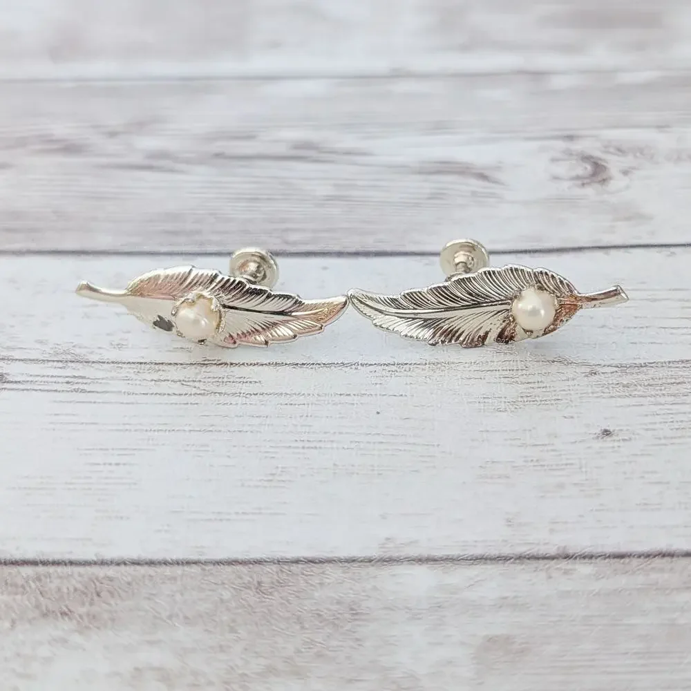 Vintage Screw Back Earrings Mismatched Leaves with Faux Pearls Condition Issues